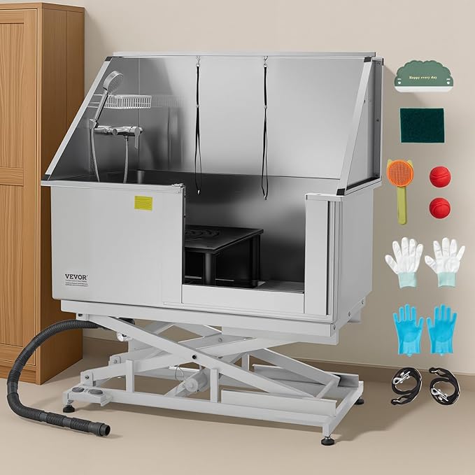 VEVOR Electric Lift Dog Washing Station, 50 inch Professional Stainless Steel Pet Grooming Tub w/PE Water Filter Board, Faucet & Showerhead Dog Bathtub Washing Sink for Multiple Pets (Right Door)