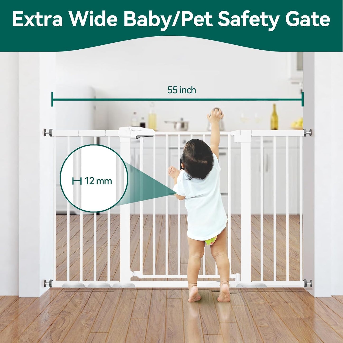 BABELIO 36" Tall Baby Gate, 29-55" Auto Close Pressure Mounted Dog Gate for Doorways & Hallway, Pressguard Basics Easy Walk Thru Pet Gate, Extra Wide Metal Child Gate, White