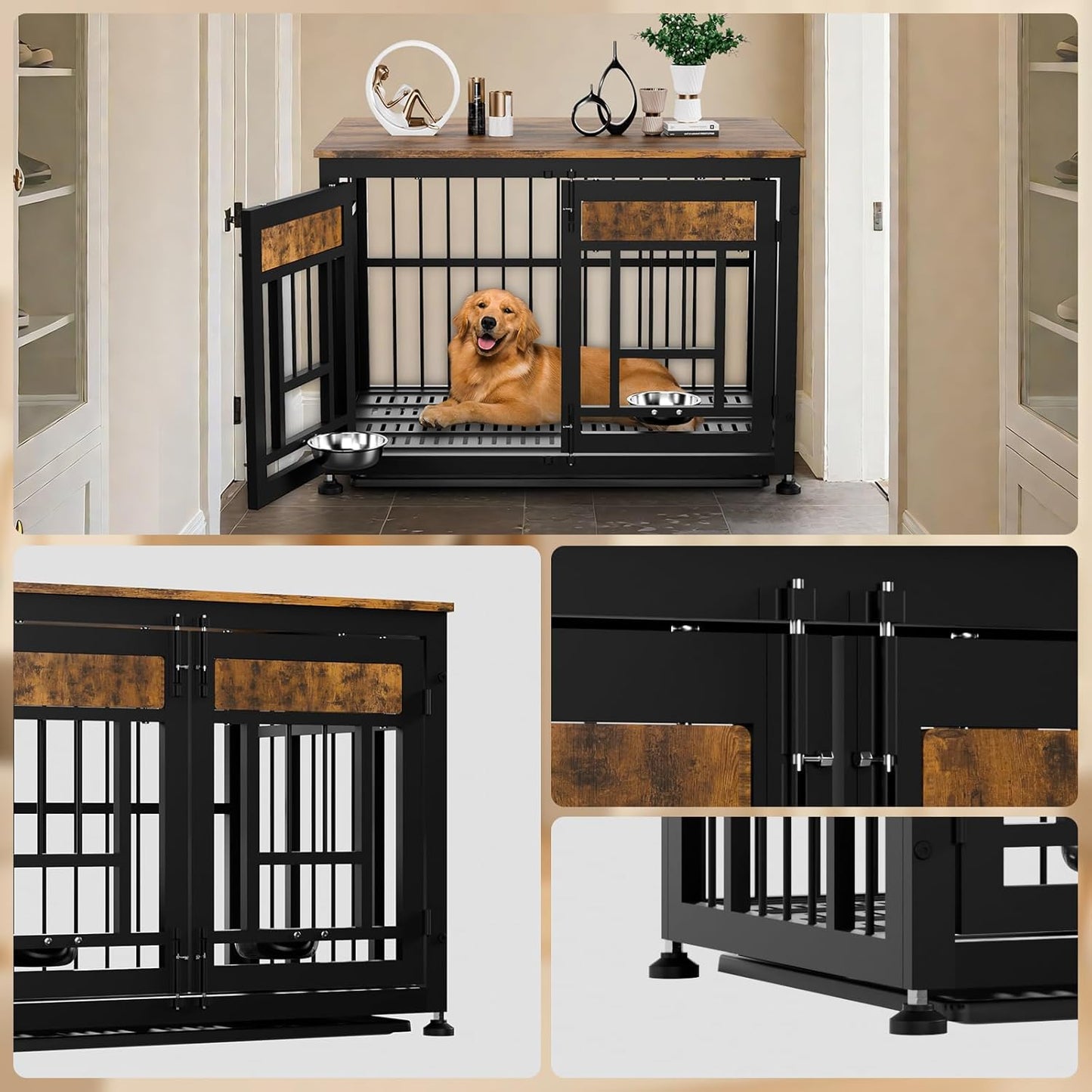 Dog Crate Furniture End Table 38 Inch Hidden Kennel Cabinet with Removable Tray, Thickened Metal Frame Dog Cage, Dual-Purpose Pet House & Nightstand for Living Room