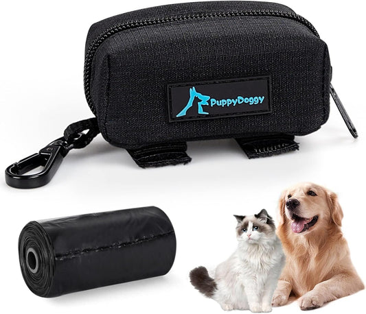 PuppyDoggy Dog Poop Bag Holder for Leash Black Waste Bag Dispenser with 1 Roll of Poop Bags for Leash Accessory Bicycle