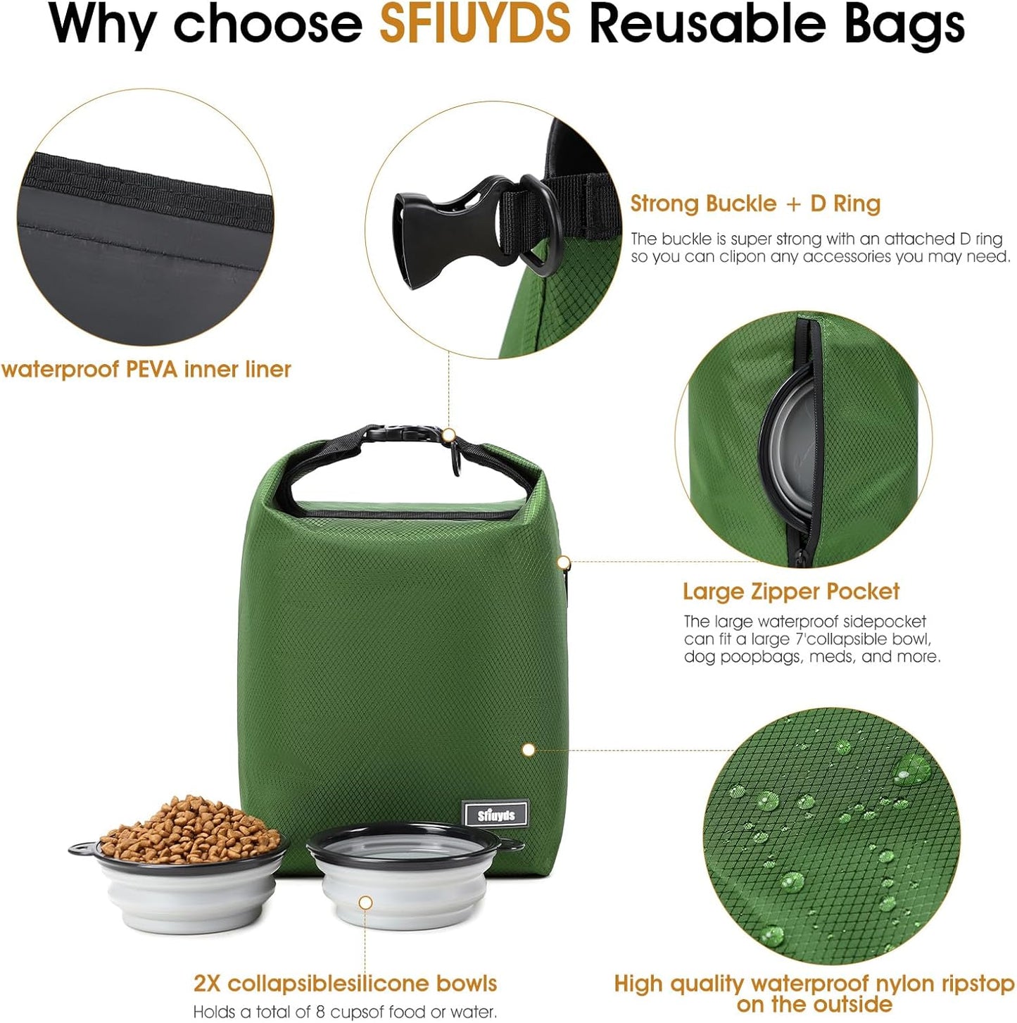 Dog Food Travel Bag with 2PCS Collapsible Dog Travel Bowls,Air Tight Dog Food Storage Container(Green, Small)