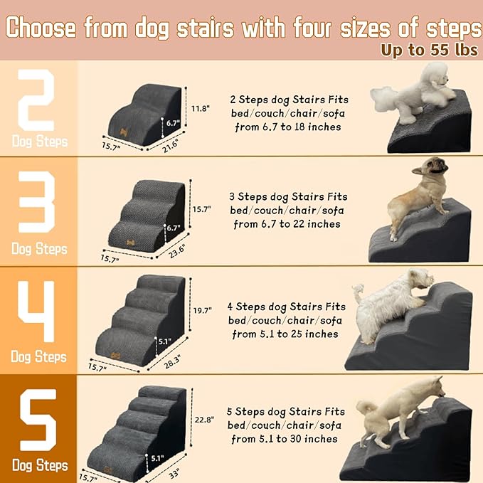 3-Step Dog Stairs for High Beds & Couches Multi-Step Non-Slip Pet Steps with Balanced Ramp Indoor 2 3 4 5 Step Stairs for Small to Large Dogs and Cats Non-Slip Stickers 30D Grey