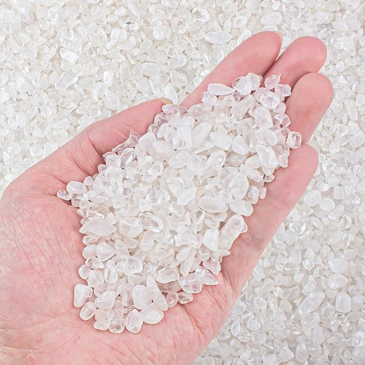 0.88 Lb Clear Quartz Crystal Chips Natural Tumbled Healing Crystal Chips Bulk Crushed Stones, Betta Fish Tank Gravel Rocks Clear Mini Pebbles for Aquarium, Vase Fillers, Succulent Plants Decor, 3-5 mm