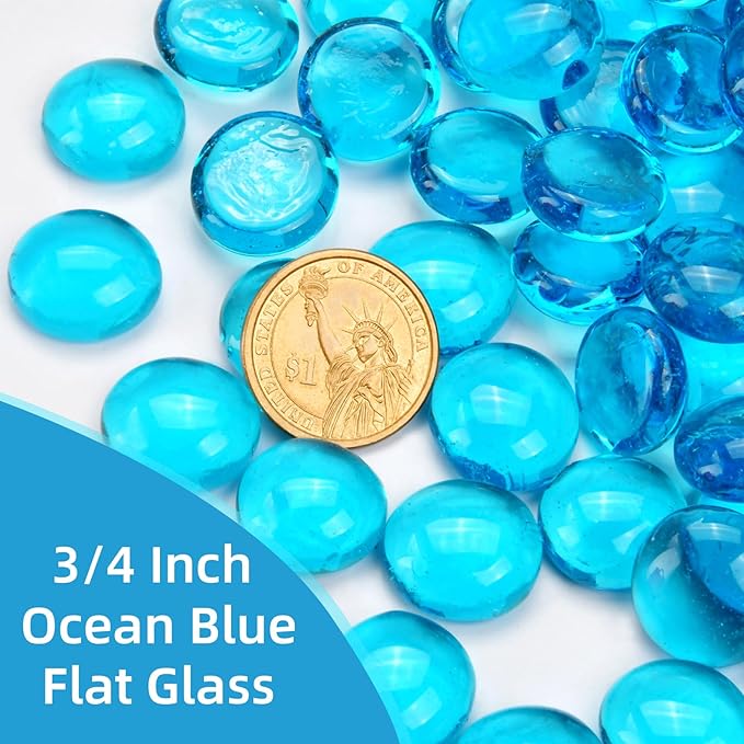 1LB Ocean Blue Flat Glass Marbles for Vases, Gemstone Beads Vase Filler Decorative Glass Pebbles for Fish Tank, DIY Crafts, Aquarium Decor Rocks