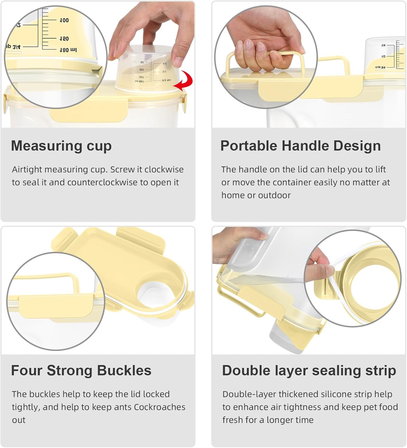 5-7Lbs Cat Dog Storage Container, Portable Pet Food Containers with Upgraded Large Spout and Cup, Small Animal Kibble Dispenser for Bird Seed, Oatmeal, Rice, Flour (1, Cream yellow, 5L)