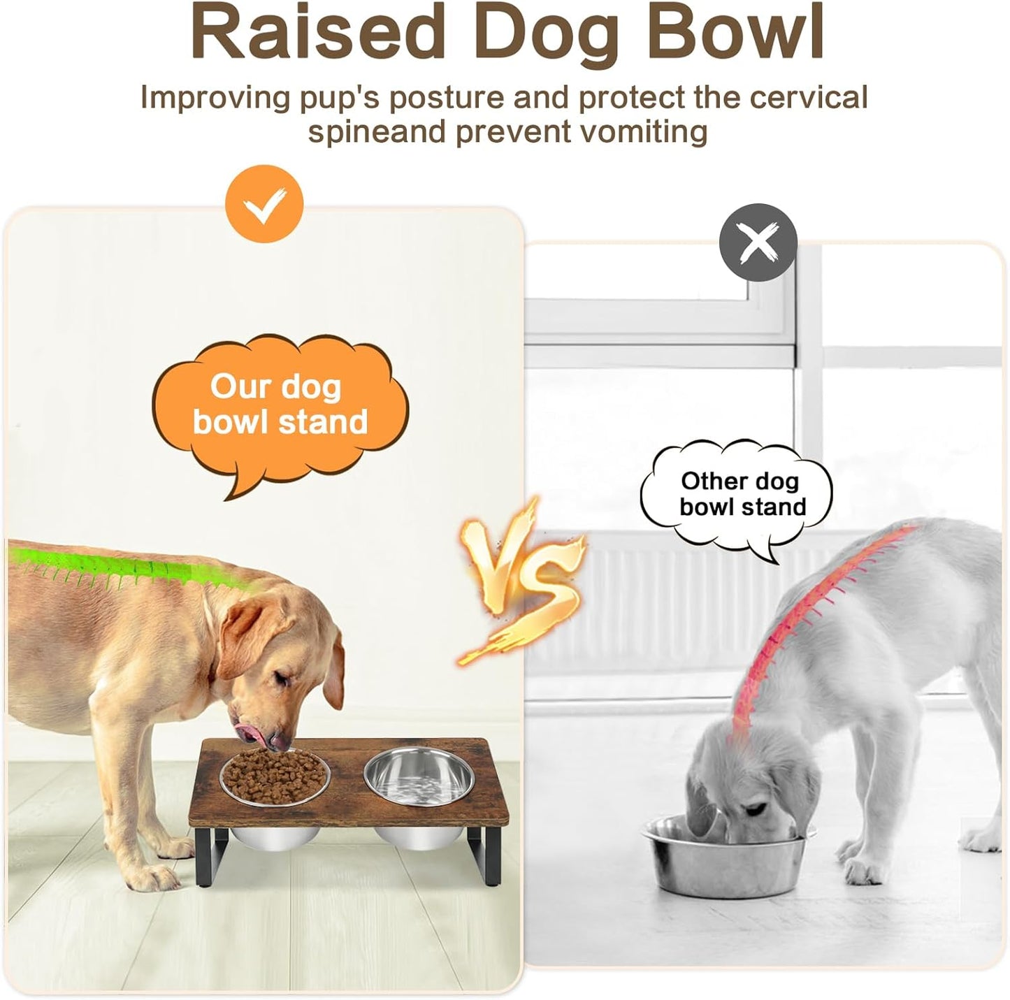Elevated Dog Bowls for Small Medium Wood Dogs Raised Bowl Stand with 2 Stainless Steel Deep Dog Food and Water Bowls, Anti Vomit, Non-Slip Feeding Dishes(Tilted，3 inches in Height, 40oz
