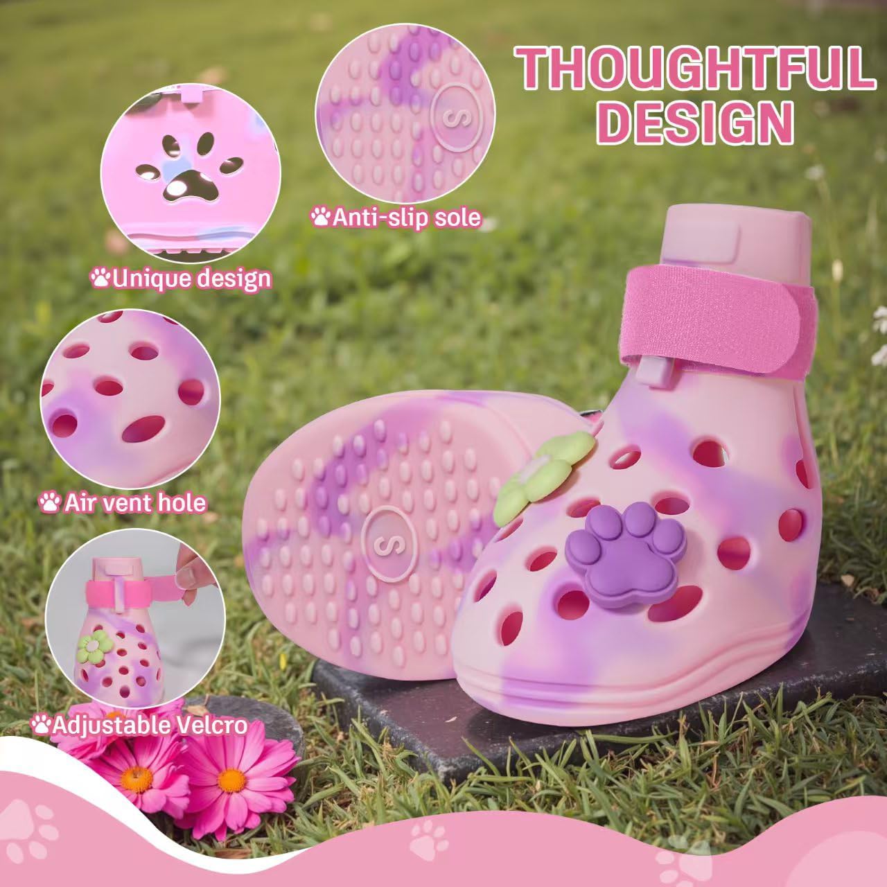 Dog Shoes for Hot Pavement, Adjustable Magic Tape Boots for Small, Medium & Large Dogs, Anti-Slip, Easy to Clean Paw Protectors for Beach, Outdoor & Hot Weather (Pink S)