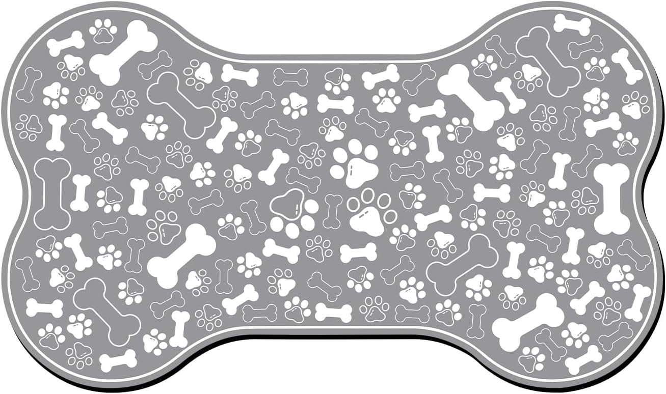 Dog & Cat Food Mat Bone Shaped Pet Feeding Mat Quick Absorb Water Bowl Placemat with Rubber Backing Indoor Floor Stain Resistant Pet Accessory Supplies (Grey, 17x29 Inches)