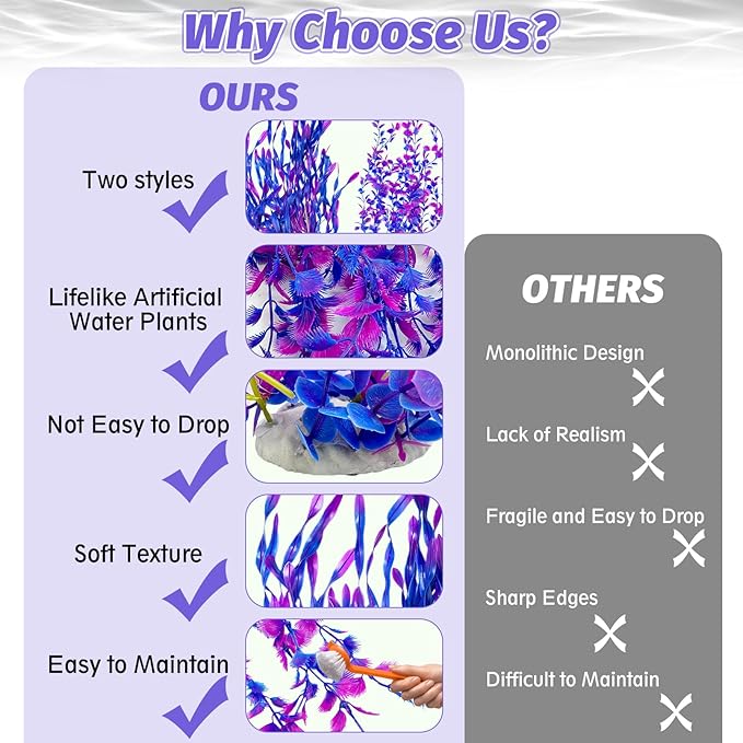 Hamiledyi Tall Aquarium Plants 23 Inches - Fish Tank Decorations, Artificial Green Water Plants Grass Cluster, Soft Plastic Fake Decor 2PCS（Purple Style C）