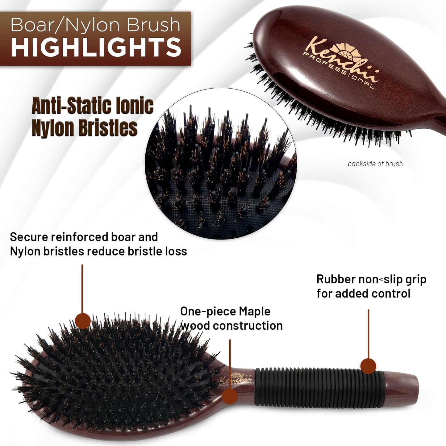 Kenchii Boar and Nylon Bristle Dog/Cat Grooming Brush with One-Piece Maple Body-Choose Size Large, Small (Large)