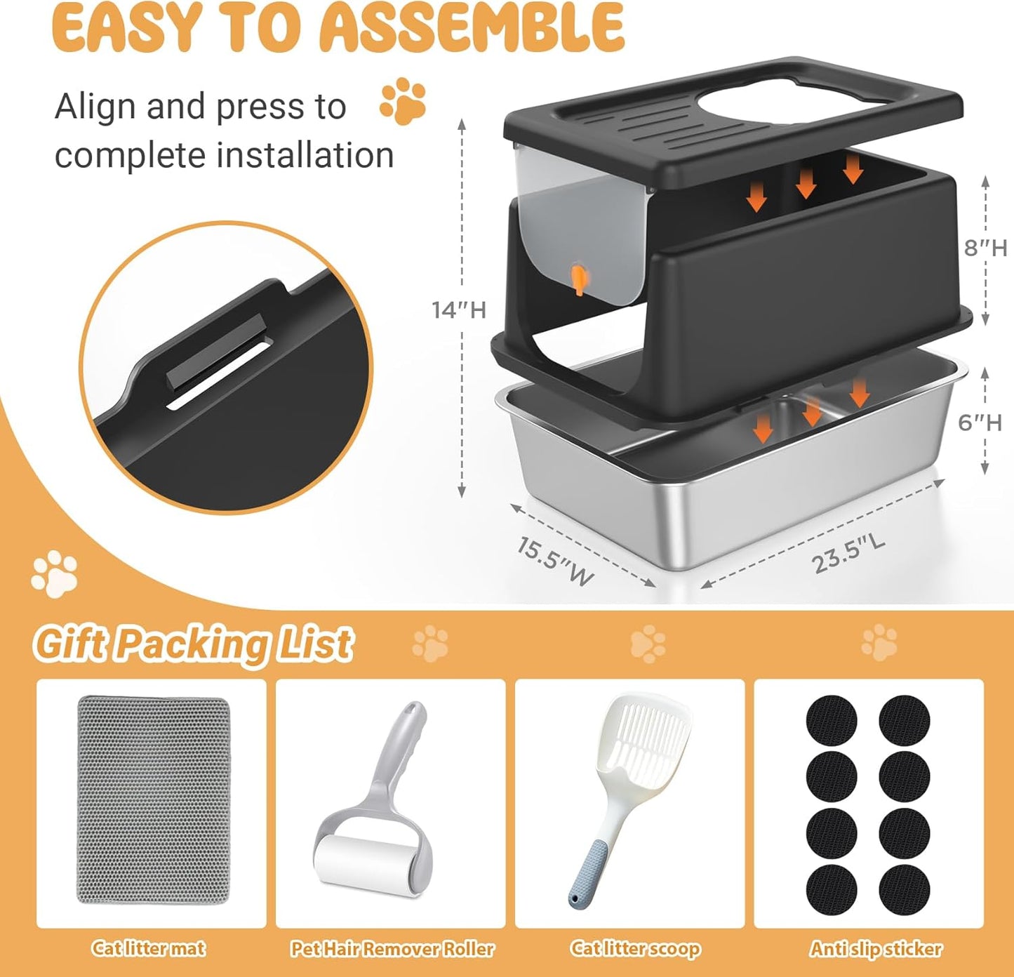 Stainless Steel Litter Box with Lid, Extra Large Cat Box with high Sides, Kitty Litter Pan Enclosure, top Entry Cat Litter Box Extra Large with Litter Scoop & Litter Mat, Anti-Leakage (XL Black)