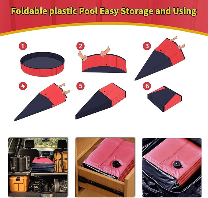 Foldable Dog Pool, 47" x 12" Kiddie Pool with Hard Plastic, Non-Slip Dog Bath Tub for Outdoor Backyard, Collapsible Dog Swimming Pool for Kids Dogs Pets (Red)
