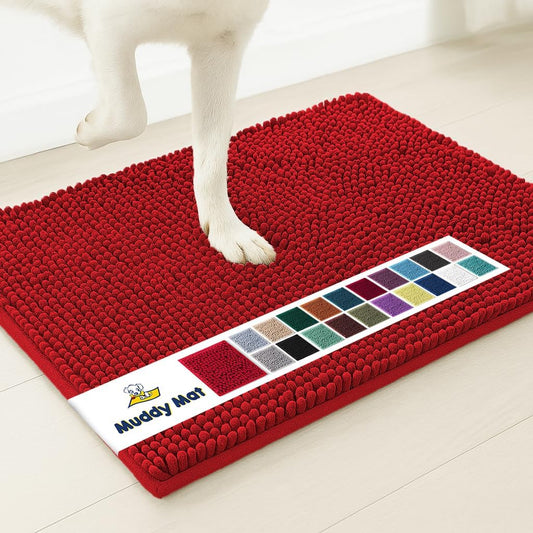 Muddy Mat® AS-SEEN-ON-TV Highly Absorbent Microfiber Door Mat and Pet Rug, Non Slip Thick Washable Area and Bath Mat Soft Chenille for Kitchen Bathroom Bedroom Indoor and Outdoor - Red 36" x 120"