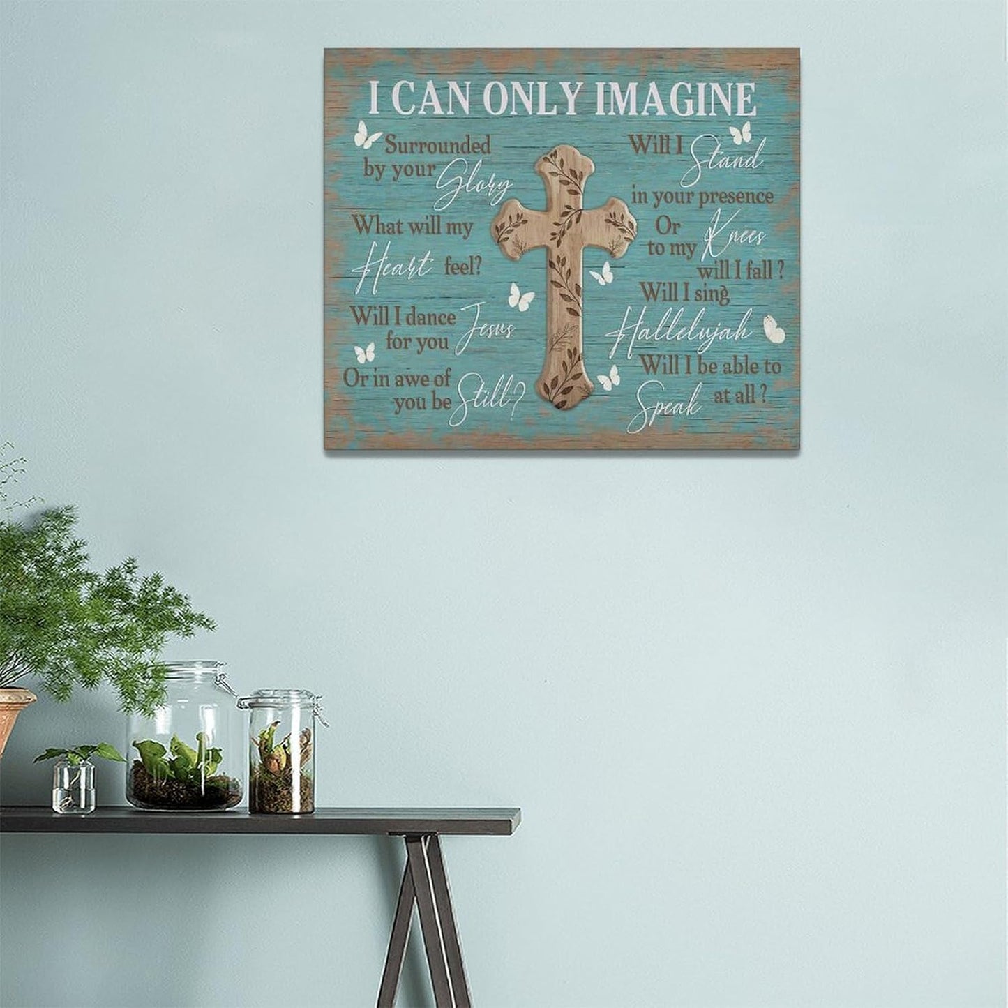Rustic Christian Cross Wall Art I Can Only Imagine Pictures Farmhouse Butterfly Wall Decor Teal Motivational Canvas Print Painting Artwork for Bathroom Living Room Bedroom 20"x24"