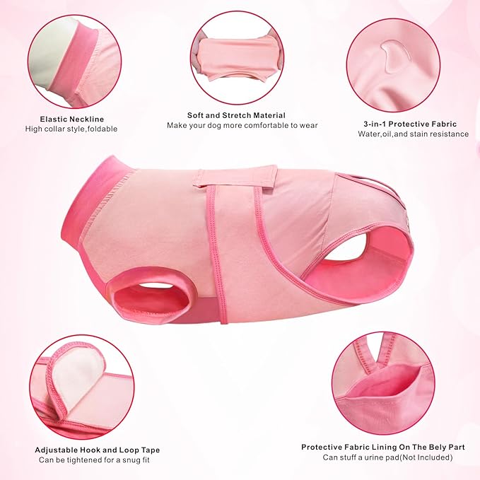 Idepet Dog Recovery Suit Female,Dogs Onesie Suit Surgery Male Breathable Pet Bodysuit for Spay Neuter E-Collar & Cone Alternative Surgical Suit Puppy Abdominal Anti Licking Wounds Shirt (Pink, XXL)