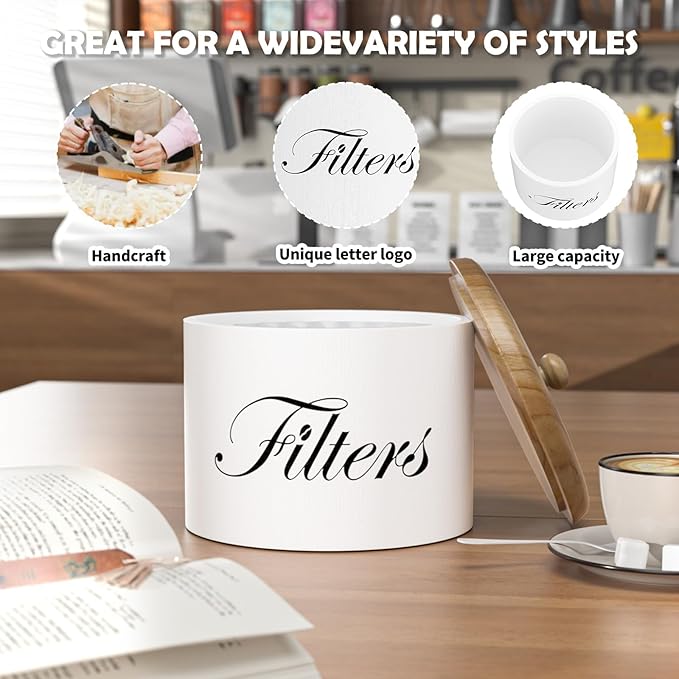 Coffee Filter Holder, Wooden Coffee Filter Storage with Lid, Round CoffeeFilterContainer for Counter, Rustic Farmhouse Bar Accessories Decor (White)