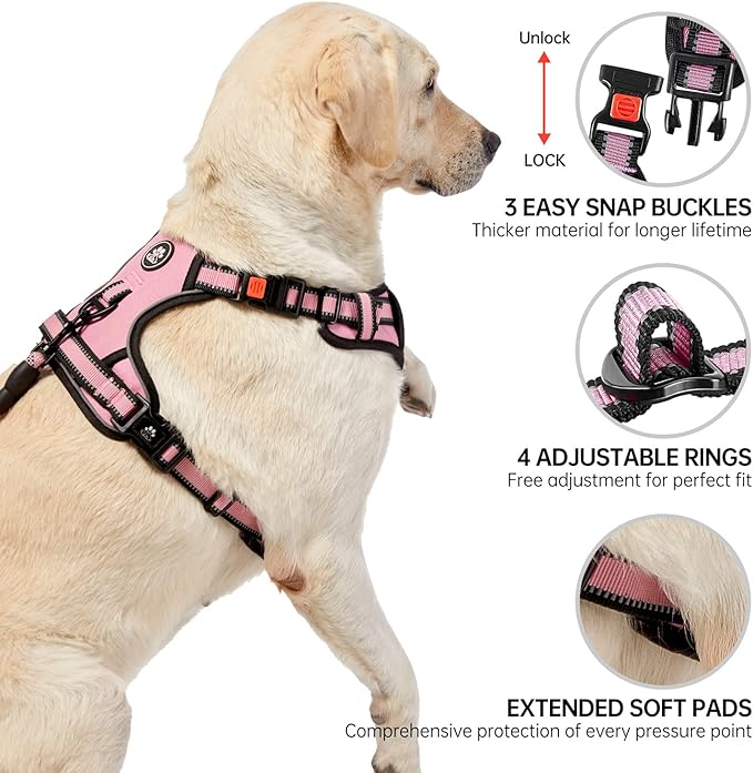 NESTROAD No Pull Dog Harness,Adjustable Oxford Dog Vest Harness with Leash,Reflective No-Choke Pet Harness with Easy Control Soft Handle for Large Dogs(Large,Pink)