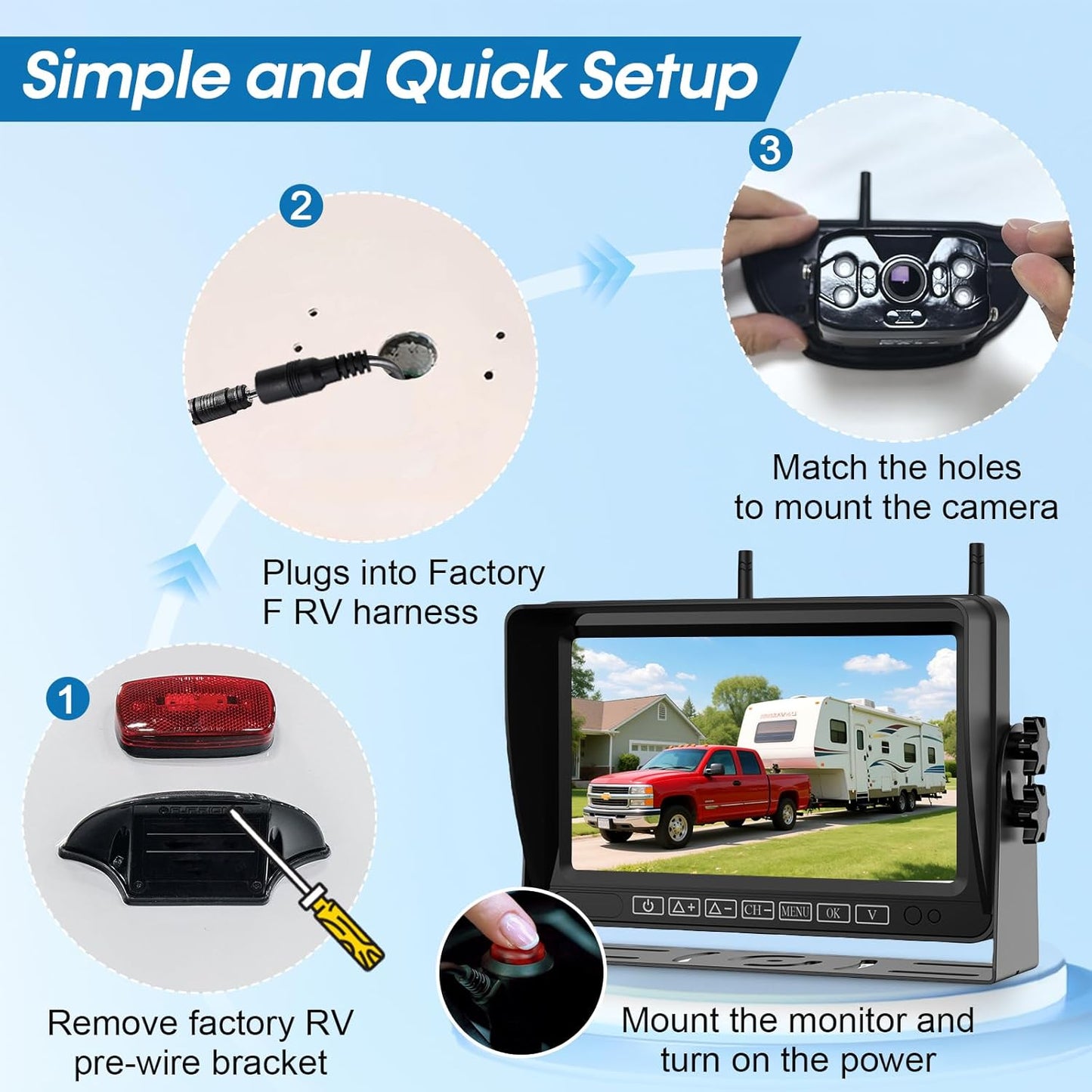 7-Inch Wireless Backup Camera for RV Trailer - HD 1080P Monitor, Night Vision, IP69 Waterproof, Easy Installation Compatible with Furrion, Split Screen 4 Channels Y31