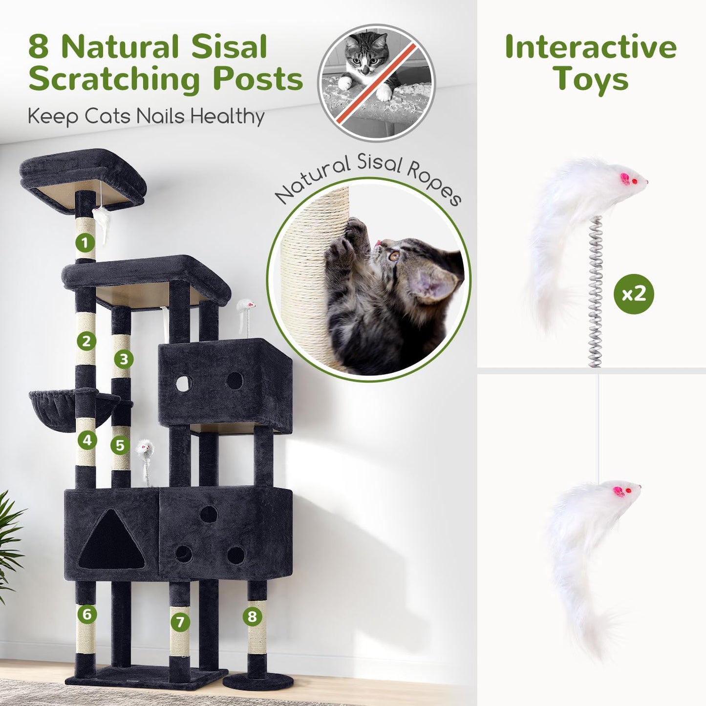Globlazer Extra Large Cat Tower, 81-inch Tall Cat Tree for Big Cats 20 lbs, XXL Heavy Duty Cat Scratching Tower for Indoor Adult Cats with 3 Cat Condos, 8 Scratching Posts, F81, Dark Grey