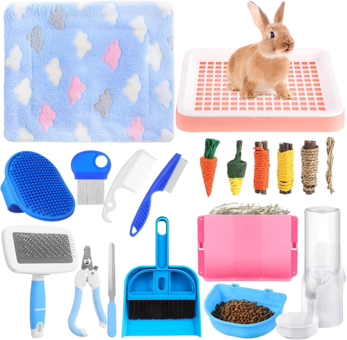 19 Pcs Rabbit Starter Kit Small Bunny Litter Box Rabbit Grooming Kit Water Bottle Bunny Toys Hay Feeder Bowl Blankets with Cleaning Set for Guinea Pig Accessories (Pink-White,Strawberry Bear)