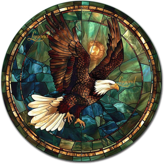 Lygond Metal Sign Tin Sign Circular Stained Glass American Bald Eagle Bathroom Signs for Home for Yard 8×8 Inches
