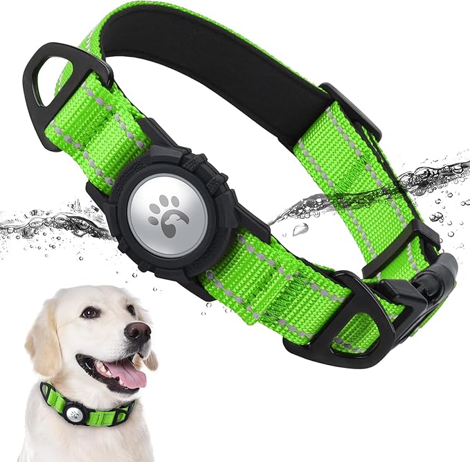 TagME Airtag Dog Collar,Waterproof Reflective Pet Collar with Airtag Holder,Soft Padded and Double D-Rings for Large Dogs,Green