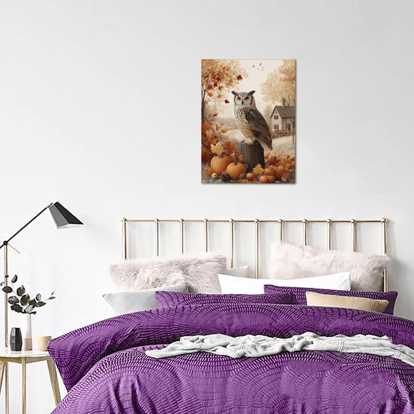 Fall Owl Wall Art Autumn Pumpkin Leaves Wall Decor Rustic Canvas Print Farmhouse Pictures Painting Print Framed Artwork Decorations Gifts for Living Room Bathroom Bedroom Office 12"x16"