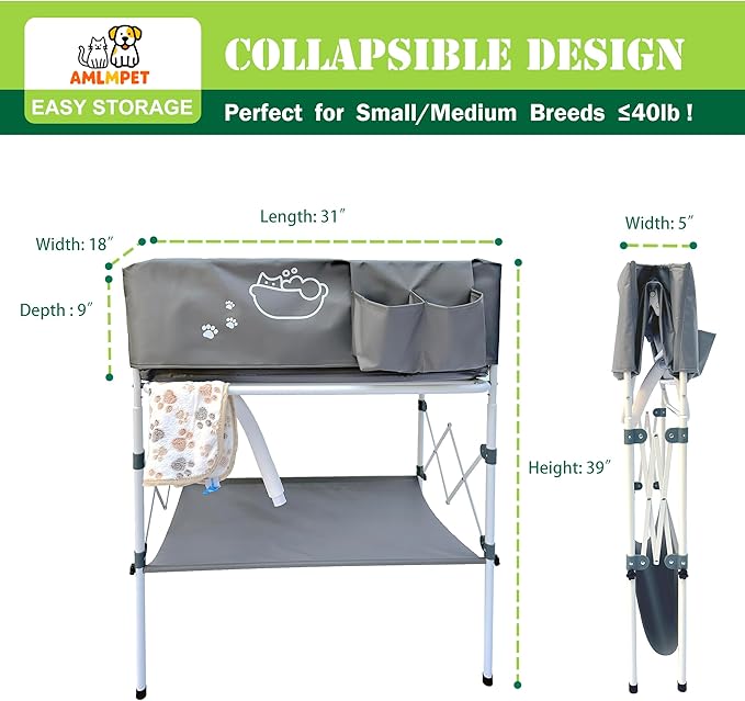 Elevated Dog Bathtub, Portable Dog Washing Station for Home with Towel Bar & Storage, Folding Pet Bath Tub for Small & Medium Dogs