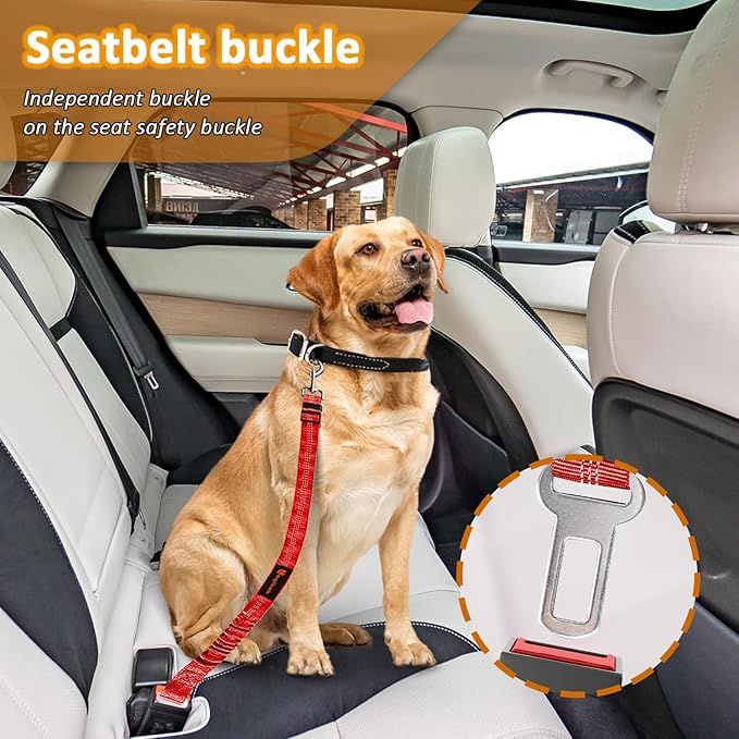 Removable Dog Seat Belt Harness for Car, 3 in 1 Pet Dog Car Seatbelt Leash, Retractable Restraint Secures to Vehicle Headrest & Adjustable Reflective Bungee Dog Seatbelt Tether, Red