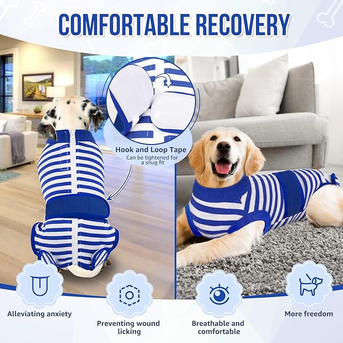 Lukovee Recovery Suit for Dogs, Zipper On Recovery Suit for Female Male Dog, Onesie Abdominal Wounds Cone E-Collar Alternative Prevent Licking Spay Recovery Suit (Large, Blue & White)
