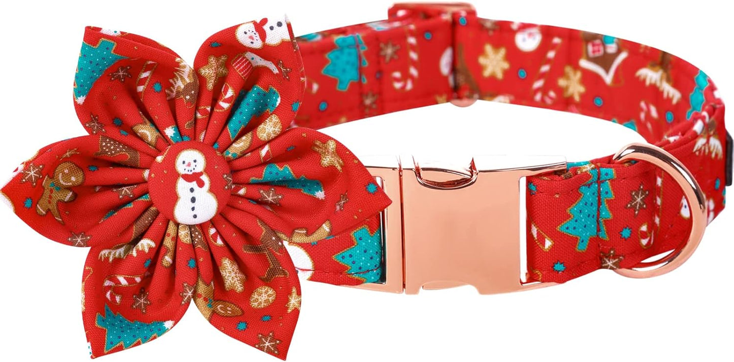Lionet Paws Christmas Dog Collar with Flower, Dog Flower Collar with Metal Buckle for Dogs, Adjustable Comfortable Dog Collar Girl Gift, M, Neck 13.5-22 in