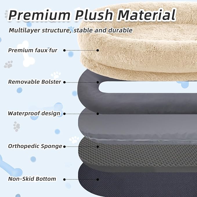 Human Dog Bed, 71''x45''x12'' Size Fits You and Pets, Washable Faux Fur Pet Bed for People Doze Off, Napping Orthopedic Dog Bed, Present Plump Pillow, Blanket, Strap - Beige