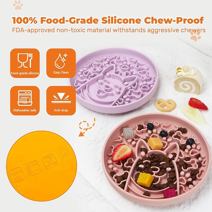 Silicone Dog Slow Feeder Bowl, Non-Slip Suction Cup Design, Puppy Pattern Eating Slowly and Funny,Applicable for All Dogs (Navy Blue)
