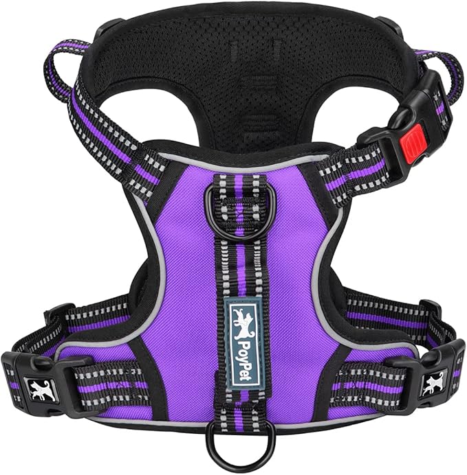 PoyPet No Pull Dog Harness, No Choke Front Clip Reflective Dog Vest with Soft Padded Vertical Handle, 3 Leash Attachments for Small Medium Large Dogs (Purple,M)
