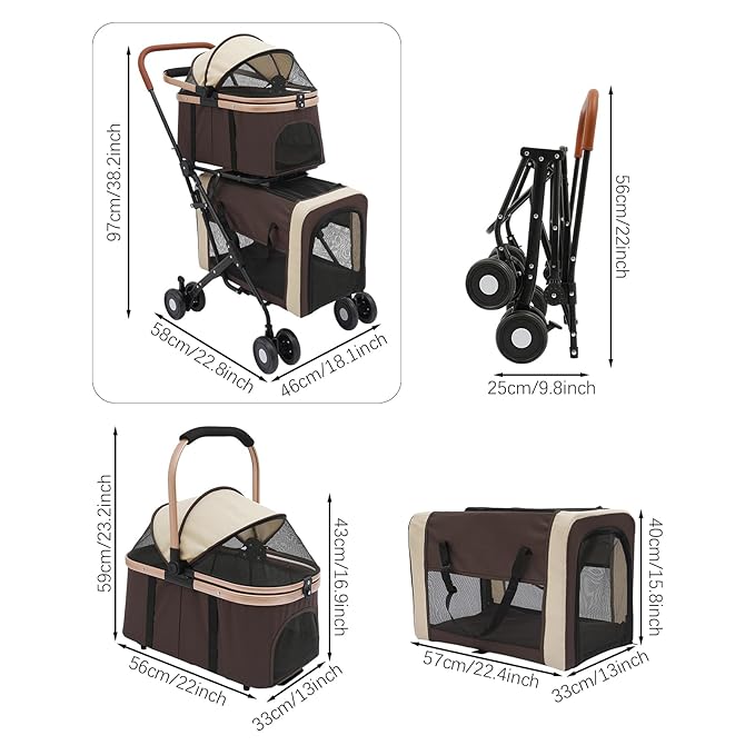 Double Pet Stroller with Detachable Carriers, Large Cat & Dog Stroller with 4 Wheels, Foldable Pet Strollers Small & Medium Dogs Cats 77lbs (Coffee Color)