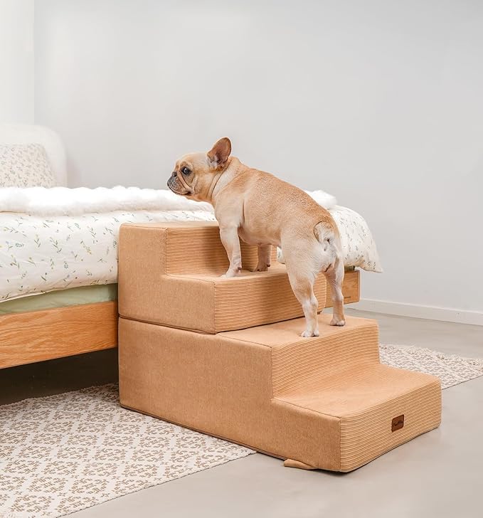 Made4Pets Dog Steps for Bed, Extra Wide Dog Stairs for High Bed Couch Sofa, 35D Foam Pet Steps for Small Dogs and Cats, Non-Slip Bottom Pet Stairs, Tan, 4 Steps