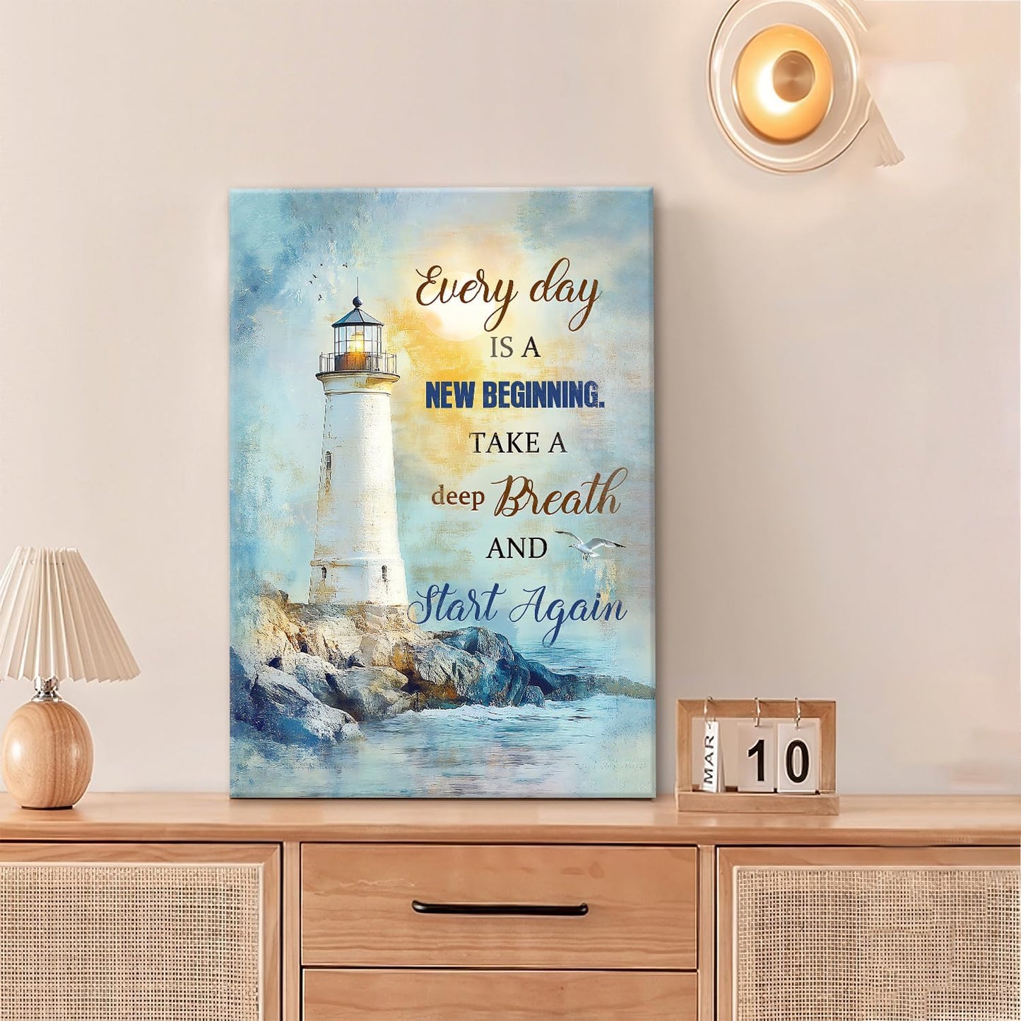 Ocean Lighthouse Pictures Wall Art, Coastal Nautical Bathroom Wall Decor Every Day is a New Beginning Motivational Quote Framed Painting Canvas Artwork for Bedroom Living Room Decorations 24"L x 16"W