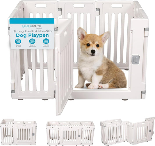 BIRDROCK HOME Dog Playpen w/Door, 8 Panel, 25.6in H | Strong Plastic, Non-Slip Puppy Playpen, Secure Pet Gate | Indoor Outdoor Fence | Configurable Panels | Small Pets - White