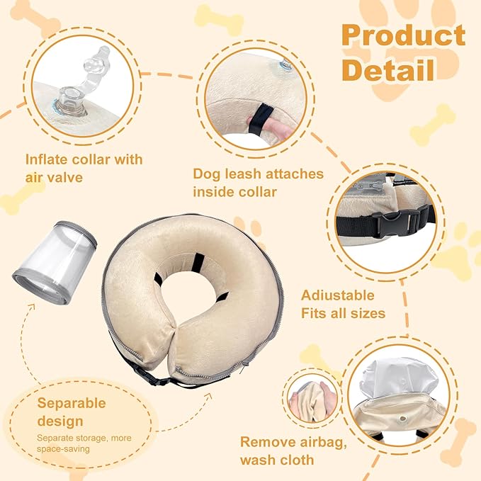 Dog Cone Collar with Enhanced Anti-Licking, Inflatable Dog Cone After Surgery, Adjustable Size with Soft Padding for Small Medium Large Dogs - Pale Yellow/M