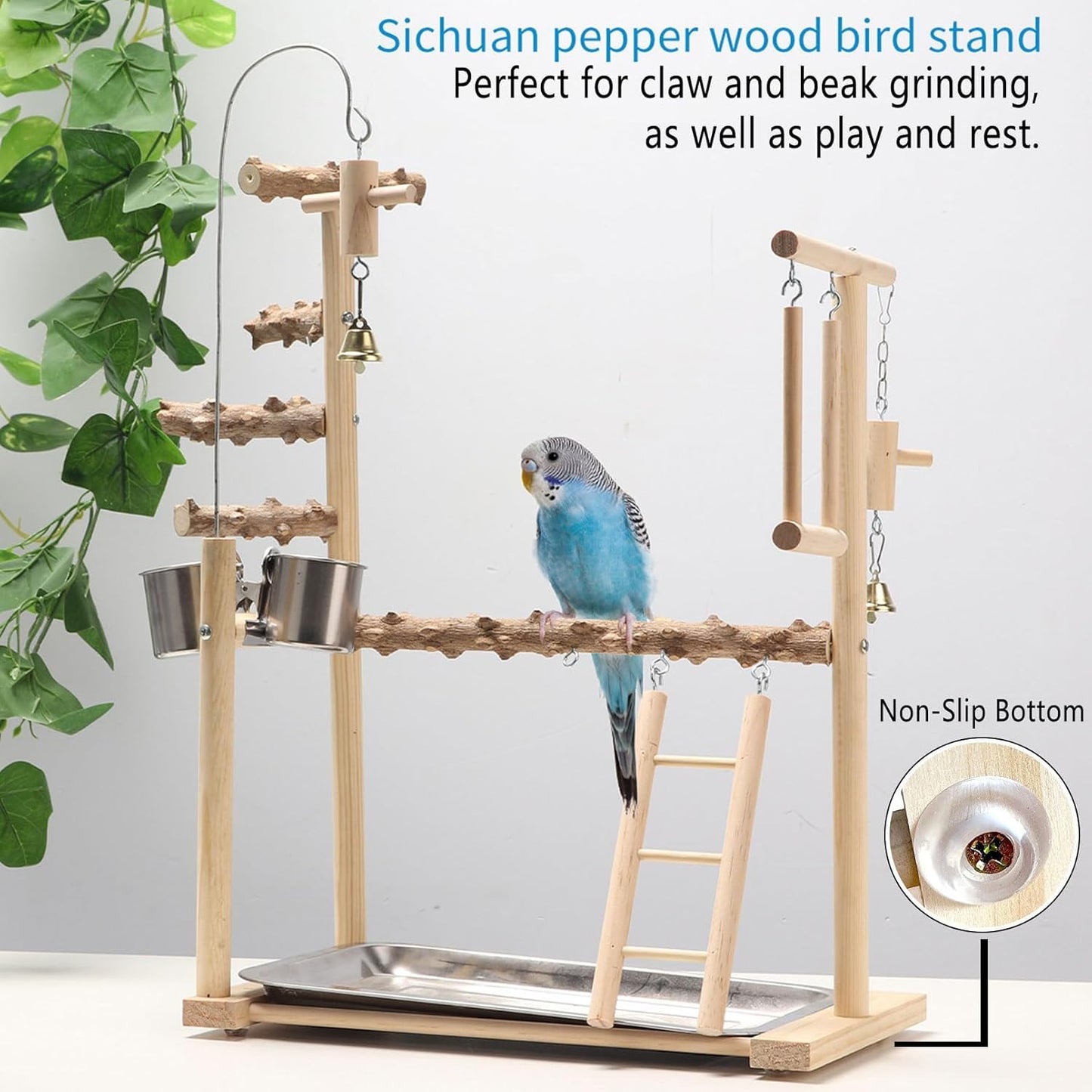 Bird Playground Parrot Playstand Bird Perch Stand Gym Natural Wood Play Stand with Swing Ladder Feeder Cups for Parakeets Cockatiels Lovebirds Conures Budgies