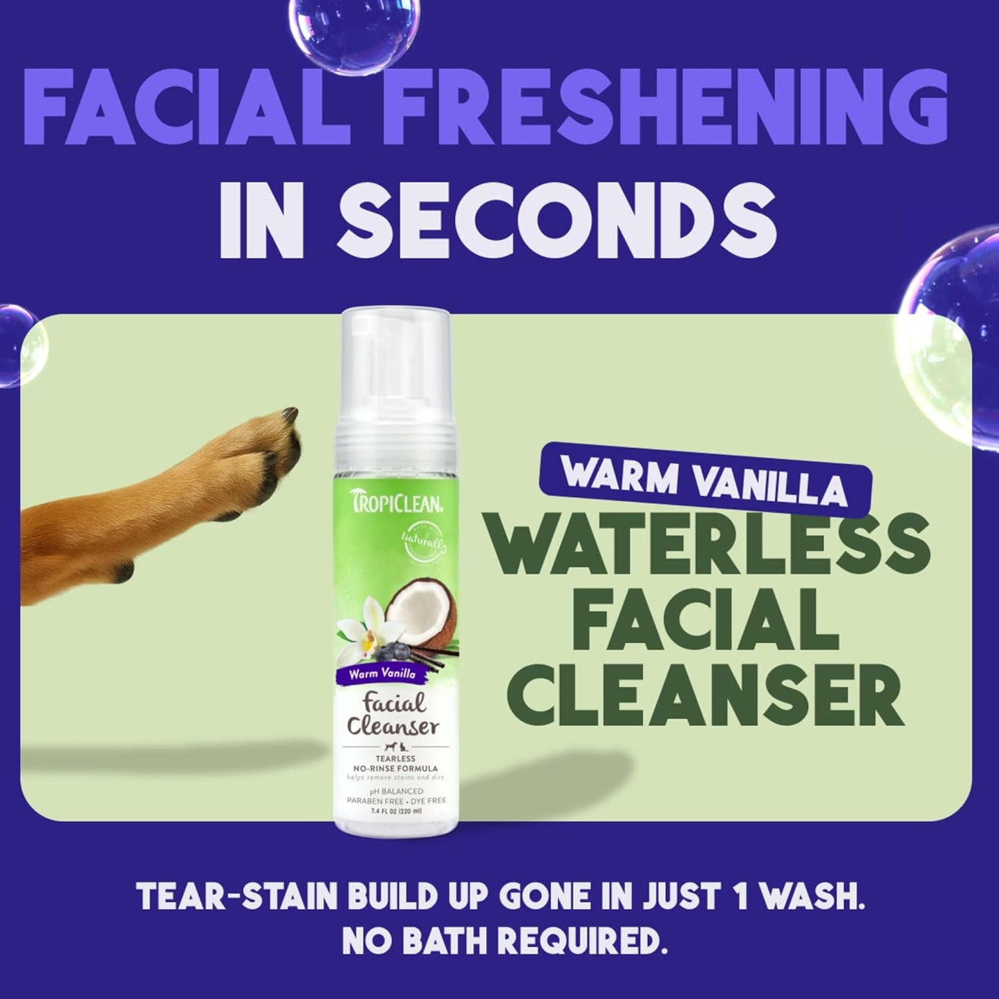 TropiClean Warm Vanilla Waterless Facial Cleanser for Dogs | Dog Foam Face Wash | Dog Face Wash Derived from Natural Ingredients | Cat Friendly | Made in the USA | 7.4 oz.