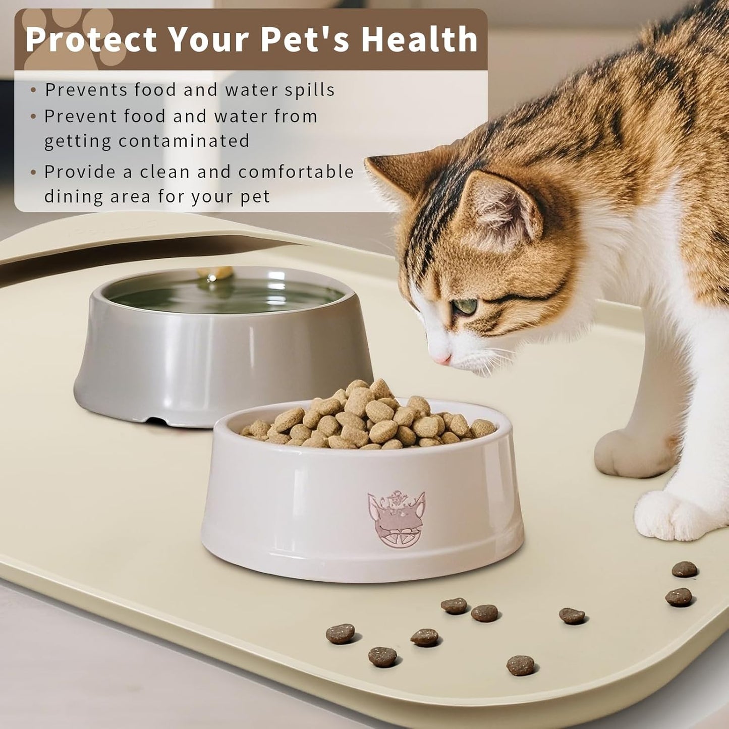 Silicone Pet Feeding Mat with Raised Edge & Residue Collection Pocket for Food and Water, Dog Bowl Mats, Cat Bowls Placemat with High Lip for Floor Waterproof, 24 x 16 x 0.8 White Sand
