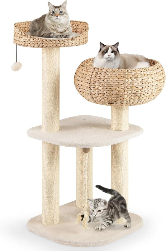 Tangkula Modern Cat Tree, Tall Cat Tower with Natural Sisal Scratching Post, Hand-Made Wicker Cat Condo & Top Perch, Funny Hanging Toy Ball, Cute Cat Tree Tower for Indoor Cats