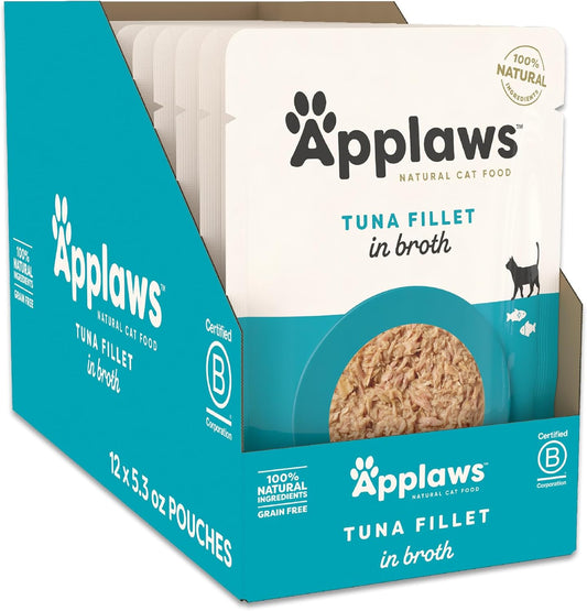 Applaws Natural Wet Cat Food in Broth, Limited Ingredient Wet Cat Food Pouches, No Additives, Made with Natural Ingredients, Tuna Fillet in Broth (12 x 5.3oz Pouches)