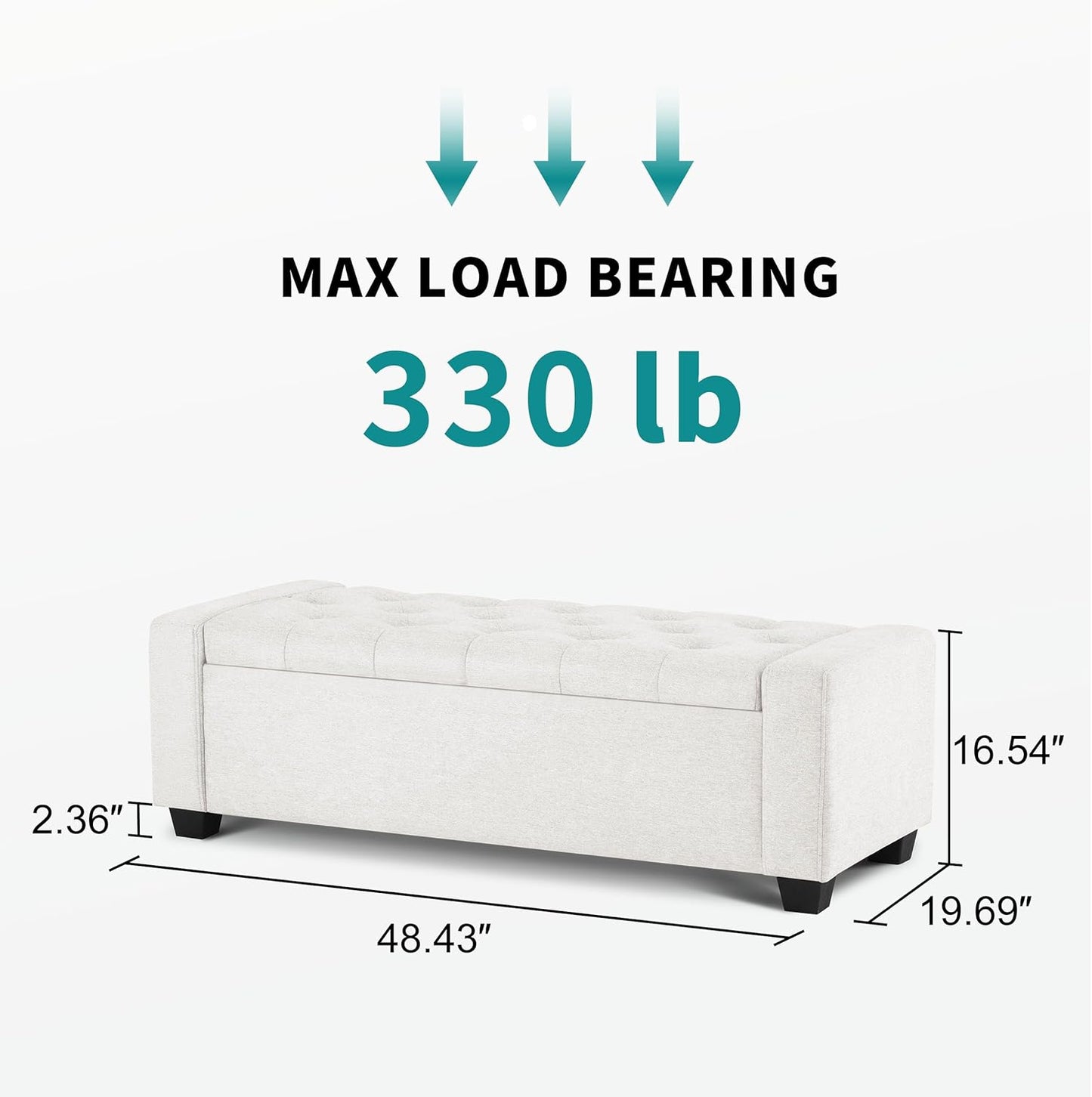 48" Ottoman with Storage, White Storage Ottoman Bench with Safety Hinge, Upholstered Entryway Bench with Seating for Bedroom, Living Room, Holds up to 330 lb