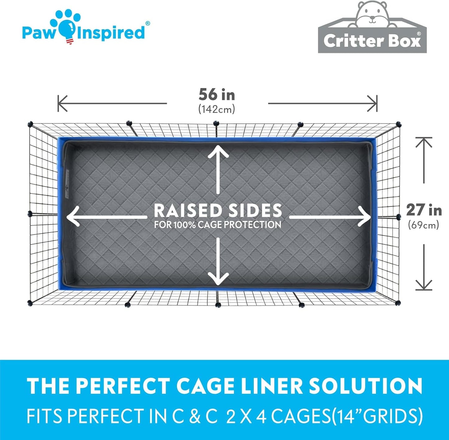 Paw Inspired Critter Box Washable Cage Liner, Reversible Fleece Bedding with Raised Sides for Guinea Pigs and Other Small Animals (C&C 2x4 (14" Grids), Gray/Pink)