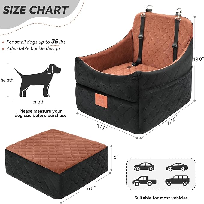 Dog Car Seat for Small/Medium Dogs, Dog Booster Car Seats with Thick Cushion for Dogs Under 35lbs, Detachable Washable Pet Car Seat with Storage Pockets, 2 Safety Belts(Black/Brown)