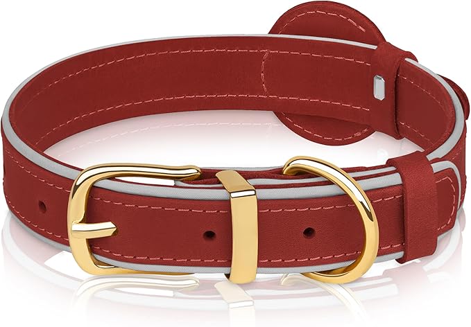 OOPSDOGGY Reflective Geniune Leather Airtag Dog Collar Soft Padded Collars for Small Medium Large Breed Dogs Puppy, 4 Sizes, 7 Colors (Red, Small, 9"-12")