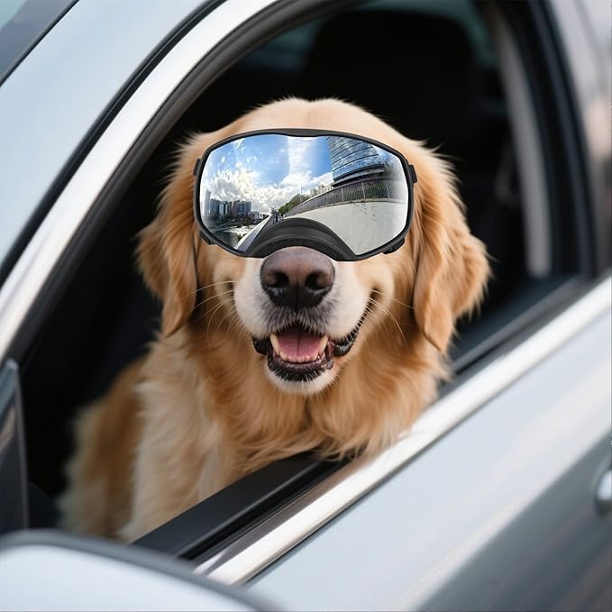NAMSAN Dog Goggles for Large Dogs, Wide Eyecup & Soft Frame, Anti-UV Sunglasses for Dogs Medium to Large Breed, Driving Dog Eye Protection, Windproof Dustproof, Adjustable, Reflect Silver Lens
