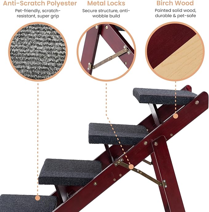 MEWANG Wooden Pet Stairs/Pet Steps - 3-in-1 Foldable Stairs & Ramp for Tall Beds and Cars - Portable Dog/Cat Ladder Up to 220 Pounds - for Small and Older Animals(Brown) (31.5" L x 17.2" W x 25.0" H)